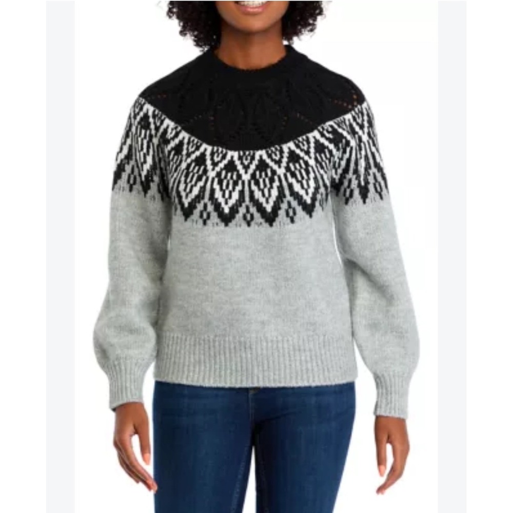 Crown & Ivy Womens XL Fair Isle Eyelet Yoke Sweater Grey Black White Pullover